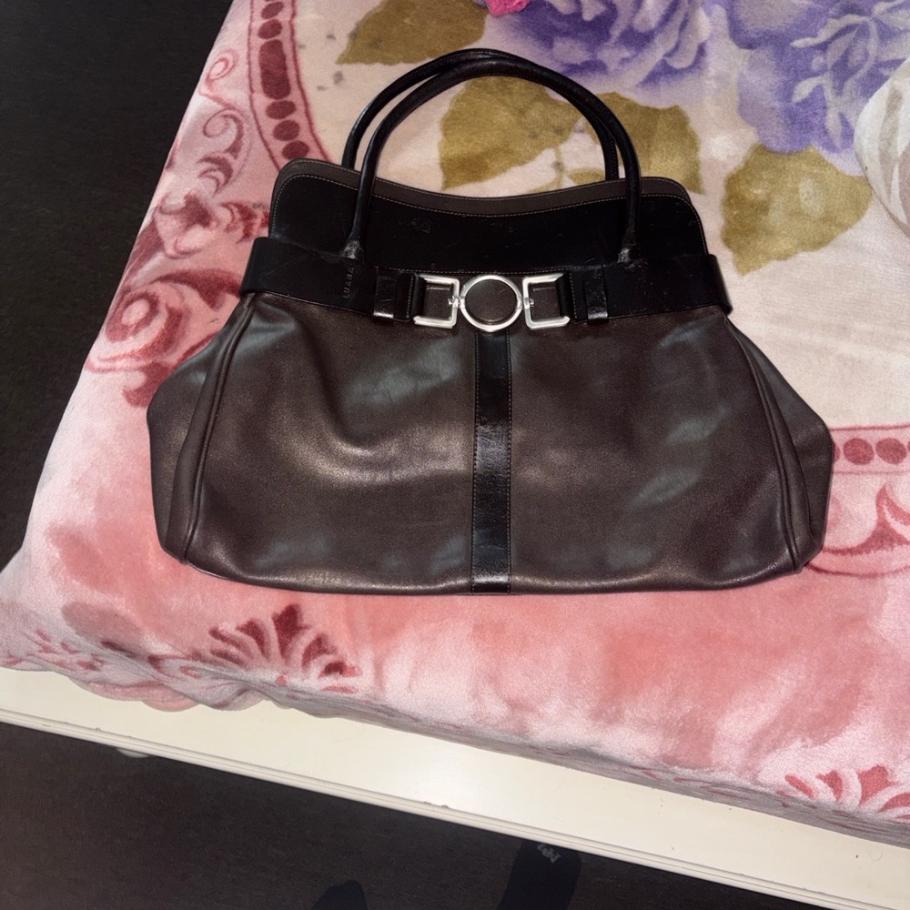 Structured Black Leather Shoulder Bag with Silver Accent